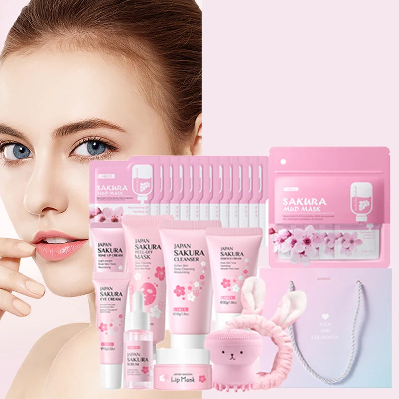 SAKURA Skincare Set Complete Facial Care Including Eye Cream, Cleanser, Facial Oil, Lip Mask, PeelOff Mask Moisturizing For ALL