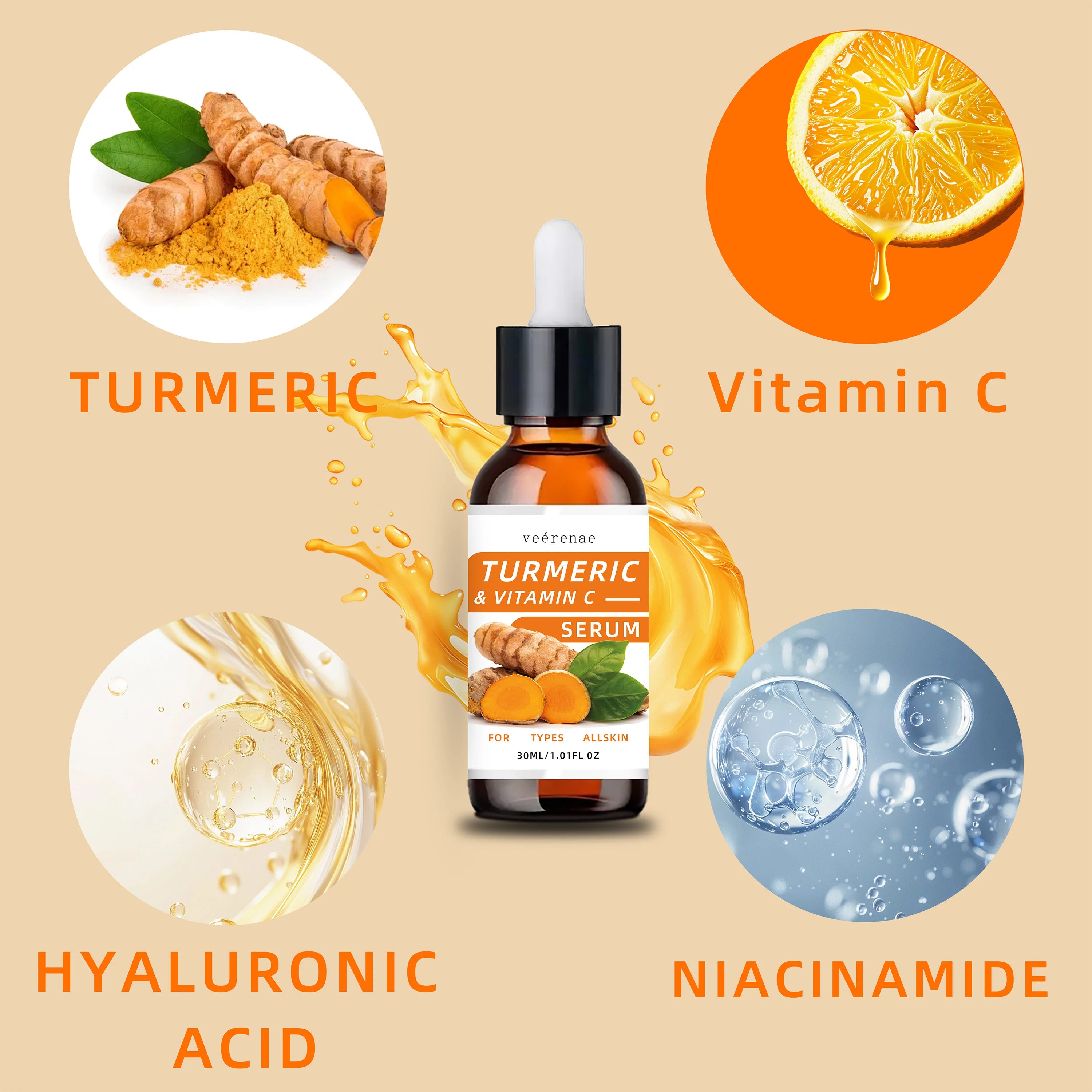 Turmeric &amp; Vitamin C Serum: Deep hydration, evens tone, unisex. Firms skin, all skin types, hypoallergenic. travel-friendly