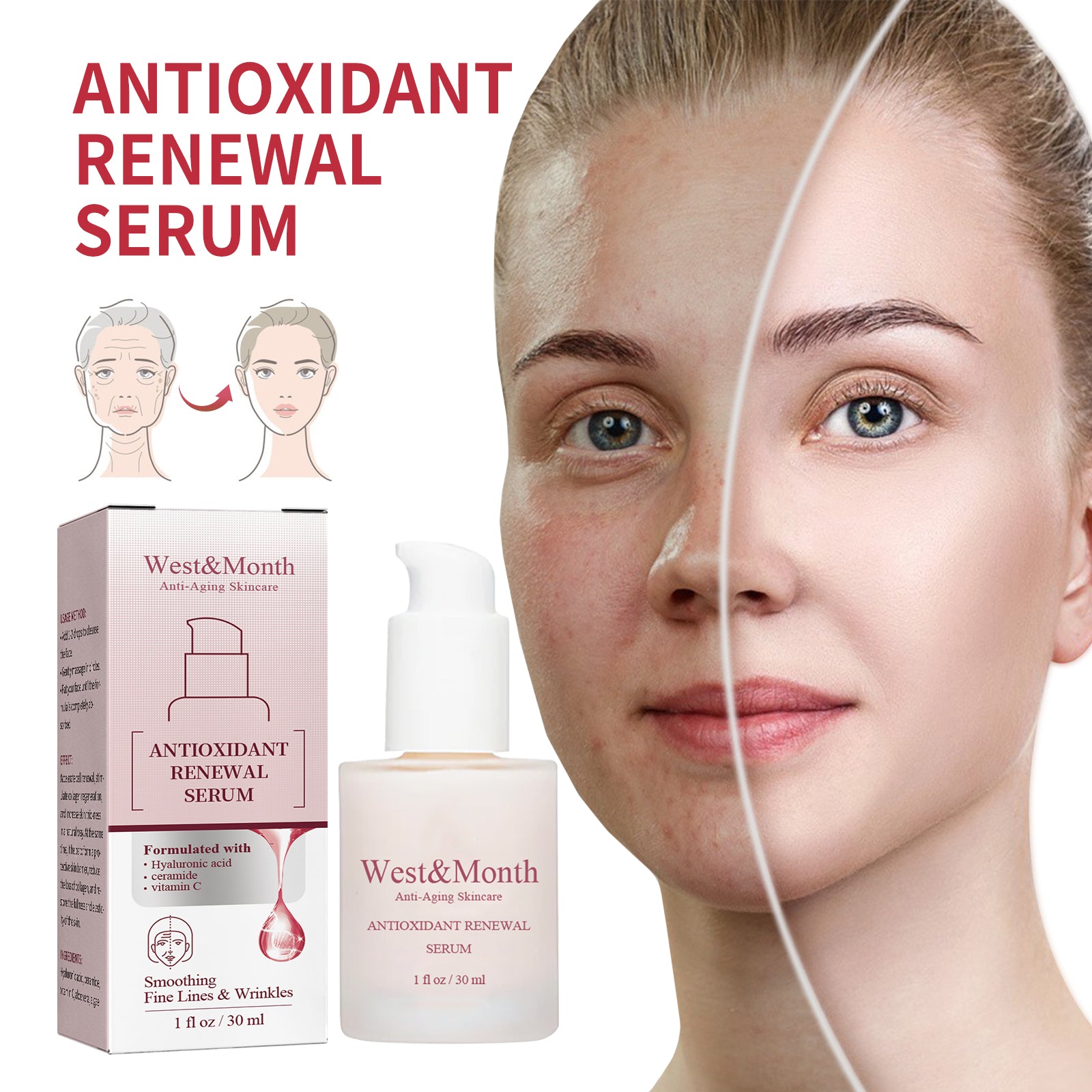 West&amp;Month Antioxidant Renewal Serum, Tighten Facial Skin, Lighten Lines, Moisturize And Prevent Aging Serum